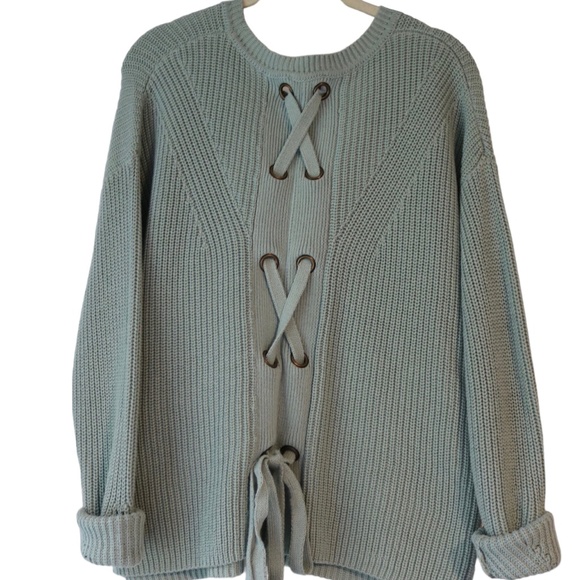 Lucky Brand Pullover Chunky Knit Sage Green Tie Back Medium Sweater *NWOT* Boho - Picture 2 of 9